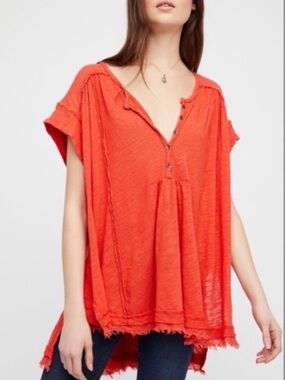 Free People Aster High-Low Henley Button-Popover Raw-Edge Tunic